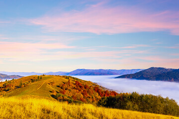 Highland with giant forestry mountains surrounded by fog