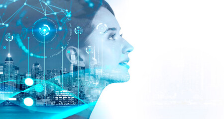 New York city skyscrapers financial downtown and businesswoman