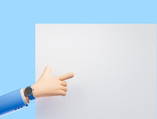 Cartoon finger point at mockup canvas on bright background