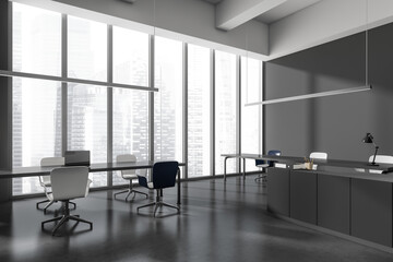 Business room interior with seats, table with device. Window with city view