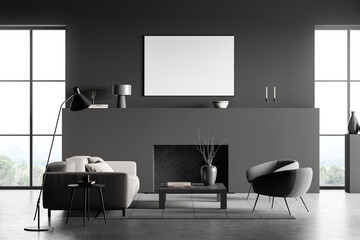 Grey living room interior with armchairs and sofa near window, mockup poster