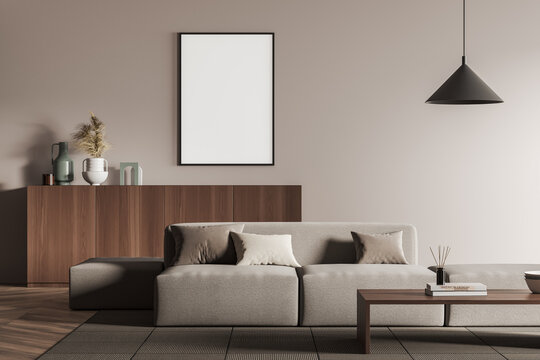 Living room interior with empty white framed mockup poster on wall, sofa, table, commode, hardwood flooring. Concept of minimalist design. Creative idea. Mock up. 3d rendering