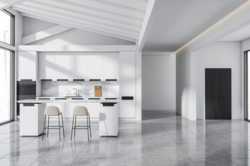 Bright kitchen room interior with sink, panoramic window