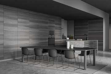 Dark kitchen room interior with bar counter with dining table