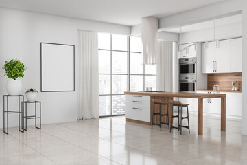 Bright kitchen room interior with empty poster, bar counter, window