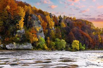 Stone bank against colorful trees growing on hills in autumn