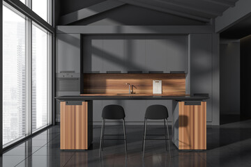 Dark kitchen room interior with gas cooker, panoramic window