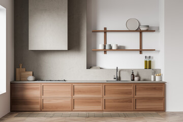 Light cooking set interior with shelves and appliances, hardwood floor