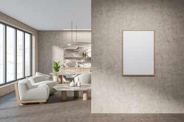 Bright kitchen room interior with empty white poster, dining table