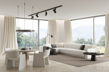 Living room interior with white couch and seats, panoramic window