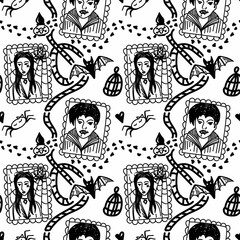Seamless background of Halloween elements drawn in doodle style. Portraits of vampires, poisonous potions, bats and spiders. Halloween holiday background.