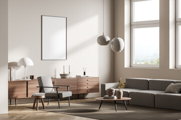 Fototapeta premium Light guest room interior with seats and commode, window and mockup poster