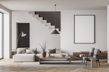 Bright living room interior with empty white poster, stairs, arch