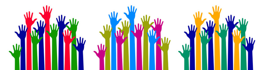 Colorful caring up hands set. Logo design element. Volunteers hands up emblem icon for education, health care, medical, volunteer, vote. Vector illustration