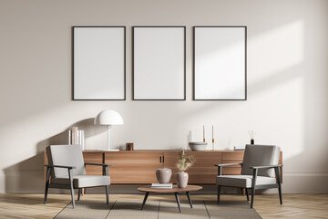 Light guest room interior with seats and commode, coffee table and mockup posters