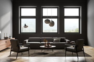 Living room interior with couch and armchair with drawer near panoramic window