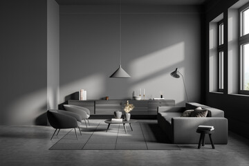 Living room interior with couch and armchair with commode near panoramic window