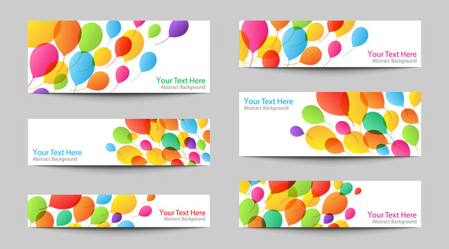 Birthday party banners set. Balloons backgrounds. Holiday colorful balloons. Vector illustration