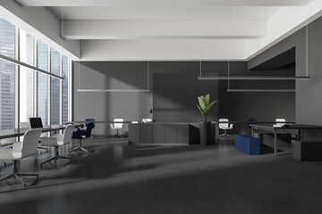 Business hall interior with furniture, laptop and decoration. Coworking area