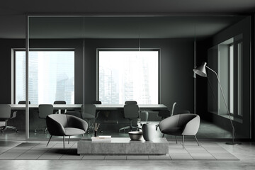 Business interior with relaxing zone with chairs, conference area and window