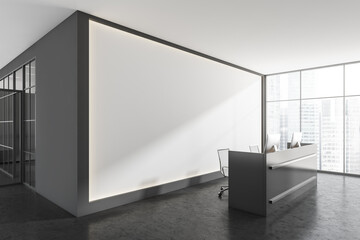 Office room interior with reception, concrete black floor, panoramic window, desktop computer. Concept of international business company. white mock up wall. 3d rendering