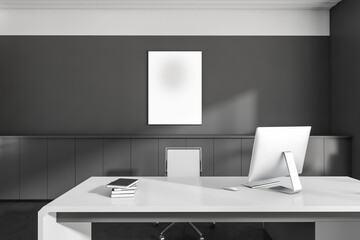 Office room interior, ceo table, desk, desktop computer, armchair, concrete floor. Mockup white blank poster on wall. Concept of international business. City view. 3d rendering