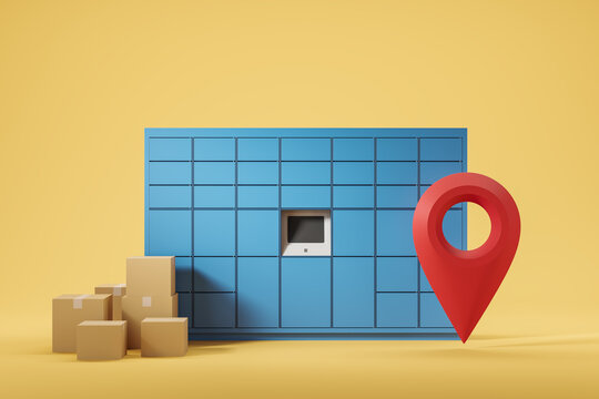 Terminal post with monitor, map pointer and cardboard box on the floor