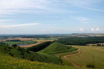 Fototapeta na wymiar Panoramic views of the Wiltshire countryside from Cley Hill near Warminster. July 2021