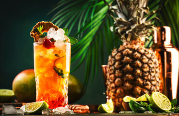 Alcoholic cocktail with vodka, pineapple juice, mango, red syrup and ice. Long drink or summer cold...