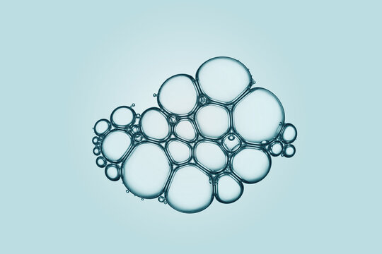 Cell, molecule concept. Air bubbles group macro representing abstract cell structure microscope view. Blue science, chemistry background