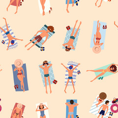 Seamless pattern with people on the sand relaxing and sunbathing. Vector isolated illustration in a flat style
