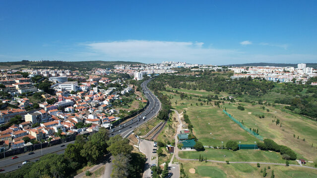 Aerial shot of Jamor Sports Complex in Alges, Portugal