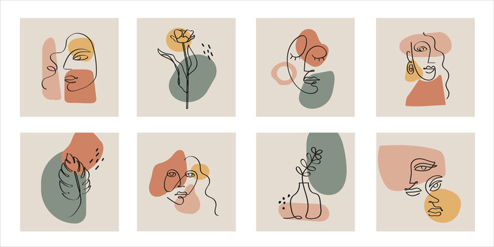 Set of various Faces, Flowers, Leaves abstract shapes. Ink painting style. Hand drawn abstract feminine print. Continuous line, minimalistic elegant concept.Modern single line art vector illustration