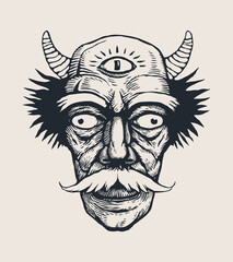 Small sad demon. Man with mustache, third eye and horns. Funny character. Vector illustration