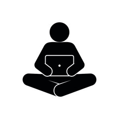 icon man with computer, stick figure stickman sitting and holding laptop, isolated human silhouette