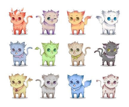 kawaii mascot kitten characters collection, cute cartoon animals set