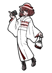 Anime style full body illustration of a kimono girl with a camera