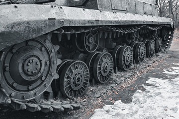 Fototapeta na wymiar tank caterpillar close-up. tank on the move. civil defense. military equipment in battle.