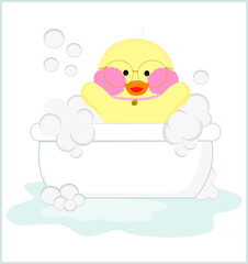 Duck bathes in the bathroom. Bath with foam and duck. The most popular yellow duck is a soft toy. Duck with glasses. Background. T-shirt print. Duck vector.