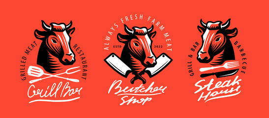 Bull head, meat beef logo. Emblem for farm meat market packaging and barbecue restaurant menu decoration