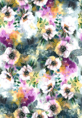 Large bright trendy textile trendy floral botanical watercolor pattern print wallpaper tile design decor cover in alla prima technique with animon flowers on a multi-colored background. 3