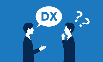 DXが理解できない経営者のイメージイラスト、青バック、ベクター
