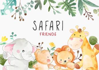 Cute safari animal friends with wild leafs illustration - obrazy, fototapety, plakaty