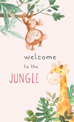 Jungle slogan with monkey hanging on tree branch and giraffe in bush 