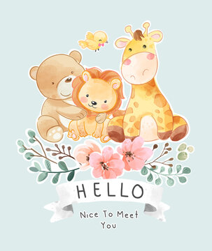 Cute wild animals friends with hello ribbon sign and flowers wreath 