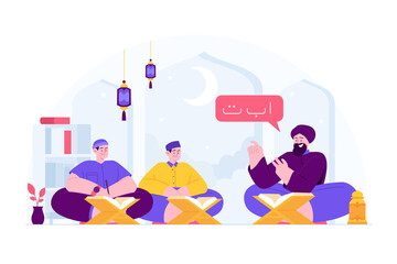 Ramadan Kareem Mubarak concept vector Illustration idea for landing page template, Islamic family learning quran, the holy book, people praying on the holy month, iftar, Hand drawn Flat Style