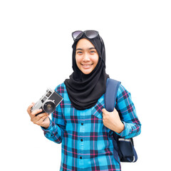Muslim tourist with vintage film camera.