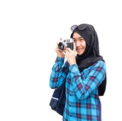 Muslim tourist with vintage film camera.