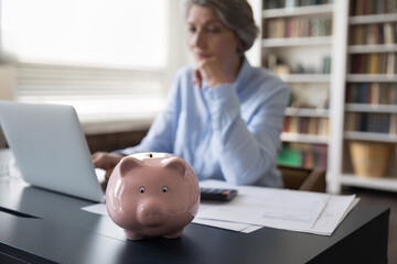 Obraz na płótnie Canvas Close up small piggybank standing on table with blurred focused middle aged old woman using computer application planning investment, managing savings or making payments online, accounting concept.