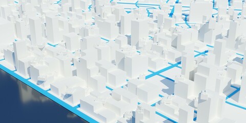 Abstract white, modern city architecture design urban background with coastline and blue roads, digital city landscape buildings concept
